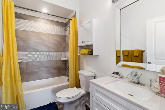 bathroom with vanity, toilet, and shower / tub combo with curtain