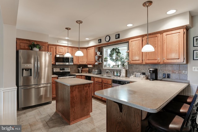 kitchen featuring a sink, open shelves, tasteful backsplash, stainless steel appliances, and a peninsula