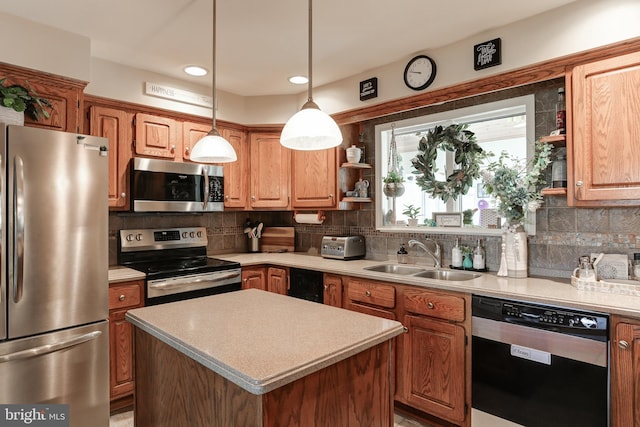 kitchen featuring a sink, light countertops, decorative backsplash, stainless steel appliances, and open shelves