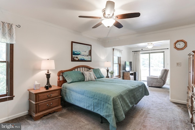 bedroom featuring baseboards, carpet, ceiling fan, and crown molding