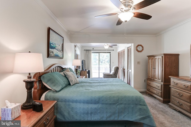 bedroom with ceiling fan, crown molding, access to outside, and light carpet