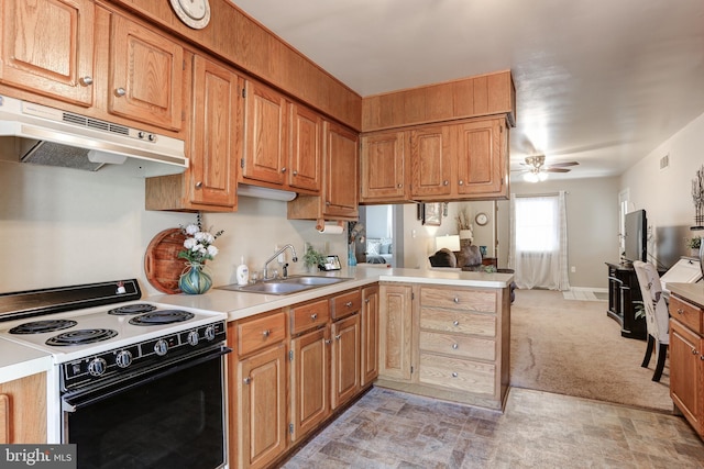 kitchen with range with electric cooktop, under cabinet range hood, a sink, a peninsula, and light countertops