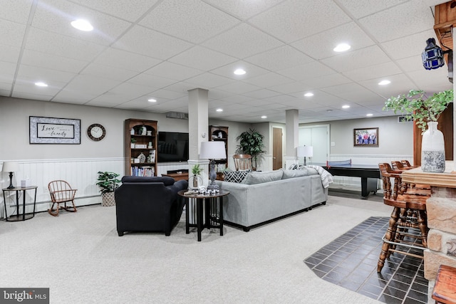 carpeted living area with recessed lighting, wainscoting, pool table, and a baseboard heating unit