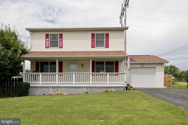 traditional-style home with fence, an attached garage, covered porch, a front lawn, and aphalt driveway