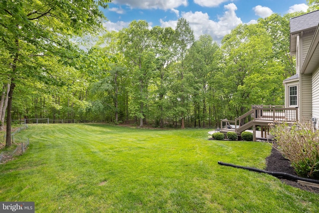 view of yard with fence and a wooden deck