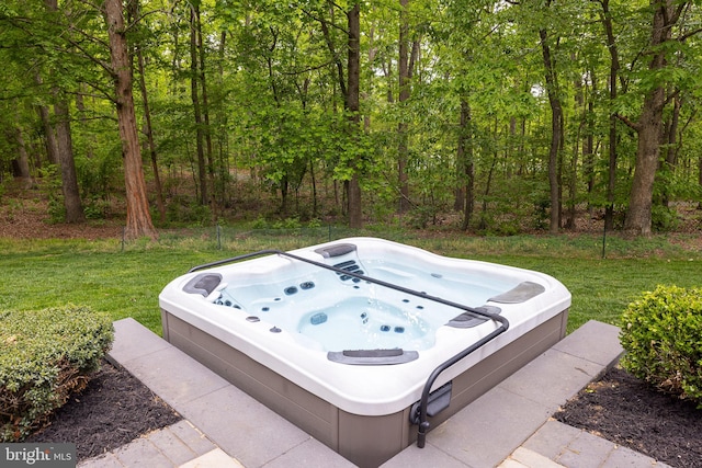 view of yard featuring an outdoor hot tub