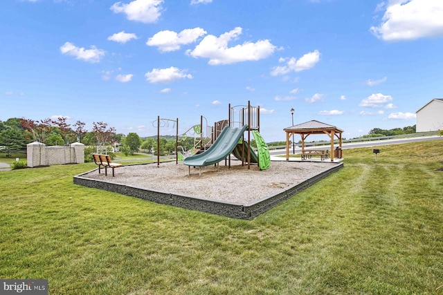 community jungle gym featuring a gazebo and a lawn