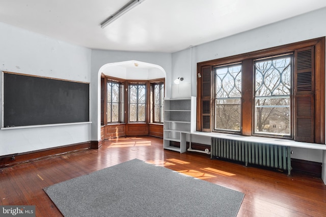 interior space featuring a wealth of natural light, radiator heating unit, and hardwood / wood-style flooring