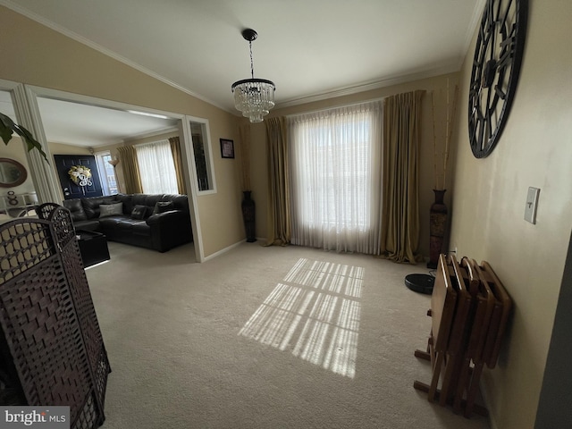 living room with crown molding, baseboards, carpet, vaulted ceiling, and a notable chandelier