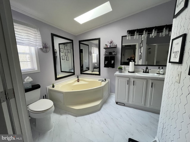 full bathroom with toilet, marble finish floor, a stall shower, lofted ceiling, and a whirlpool tub