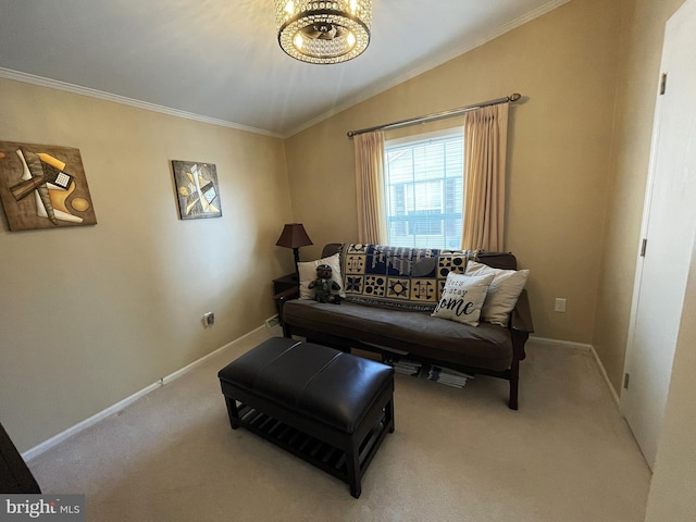 carpeted living area with lofted ceiling, crown molding, and baseboards