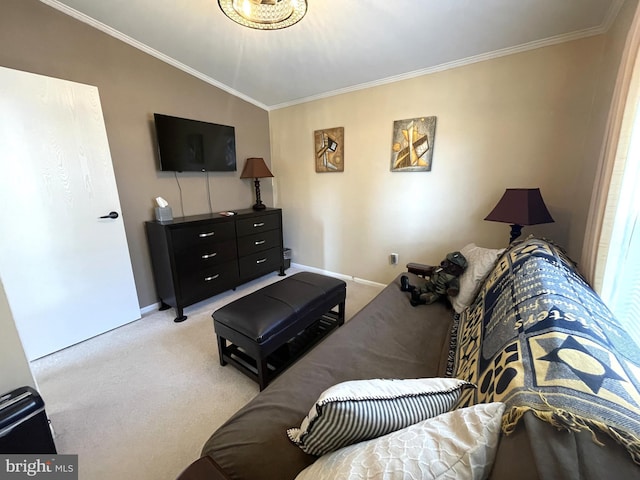 living room featuring light colored carpet, baseboards, and ornamental molding