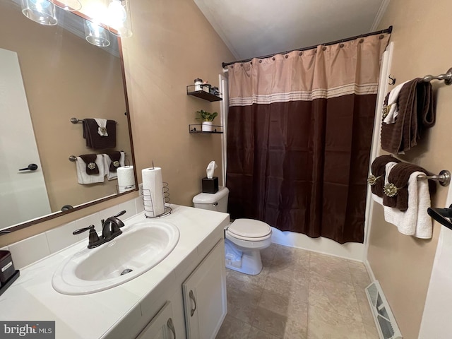 full bath featuring shower / bath combination with curtain, visible vents, toilet, and vanity