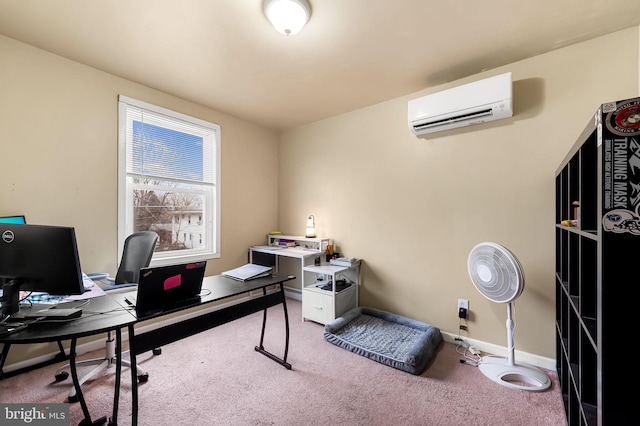 carpeted office space featuring a wall mounted air conditioner and baseboards