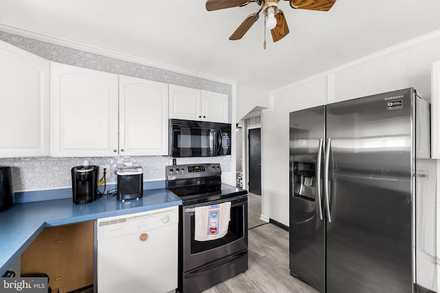 kitchen with white cabinetry, crown molding, appliances with stainless steel finishes, and ceiling fan