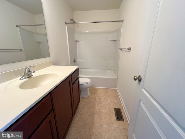 bathroom with visible vents, toilet, vanity, tile patterned flooring, and shower / bathtub combination