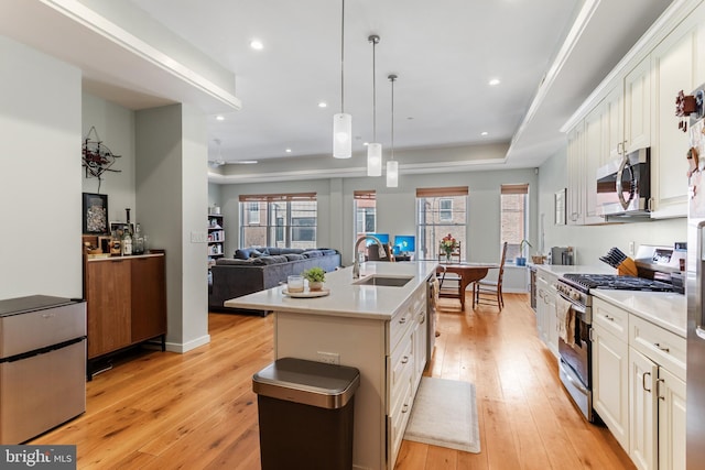 kitchen with light wood finished floors, a sink, light countertops, appliances with stainless steel finishes, and a kitchen island with sink