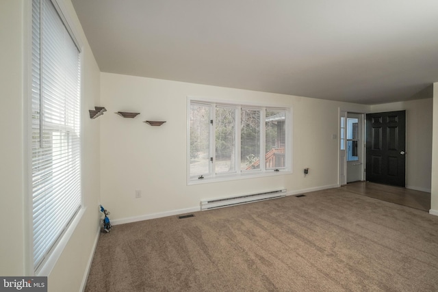 empty room featuring baseboard heating, carpet flooring, visible vents, and baseboards