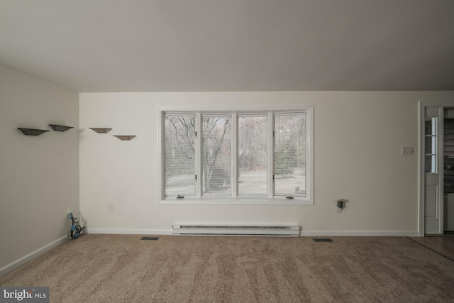 unfurnished room featuring visible vents, carpet floors, baseboard heating, and baseboards