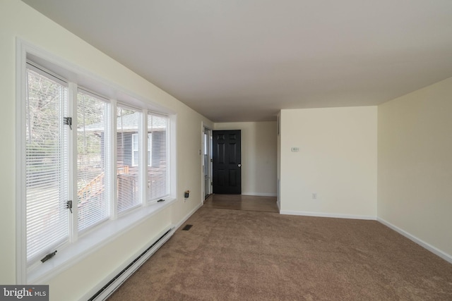 empty room featuring visible vents, baseboards, carpet flooring, and a baseboard radiator