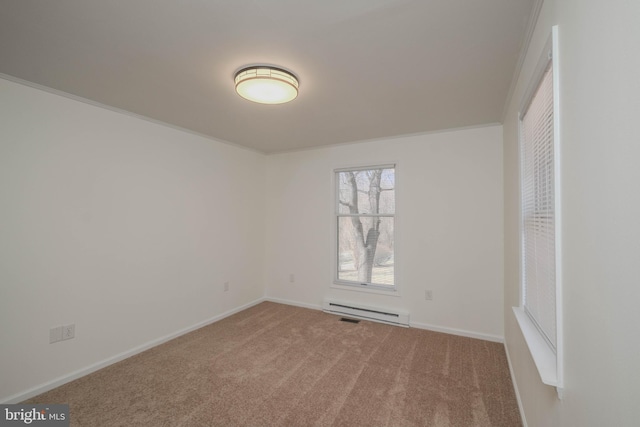 carpeted empty room featuring crown molding, baseboards, and a baseboard radiator