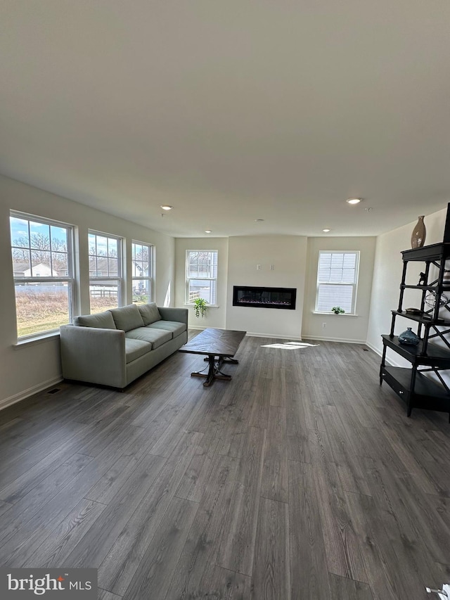 12 Chase Cir, Elkton, MD 21921 - unfurnished living room with plenty of natural light, baseboards, a glass covered fireplace, and dark wood-style flooring