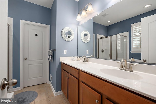 bathroom with tile patterned flooring, a shower stall, visible vents, and a sink