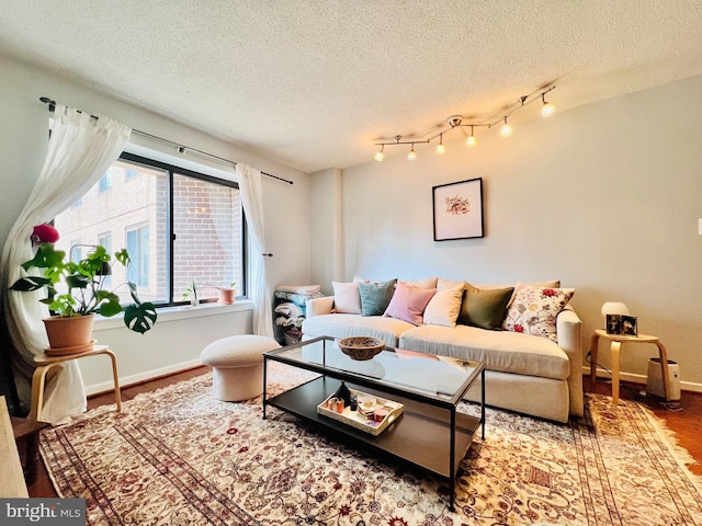 living room with wood finished floors, baseboards, and a textured ceiling