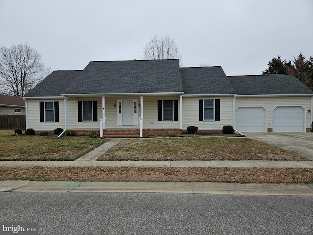 view of front of property with an attached garage, a shingled roof, a porch, a front yard, and driveway