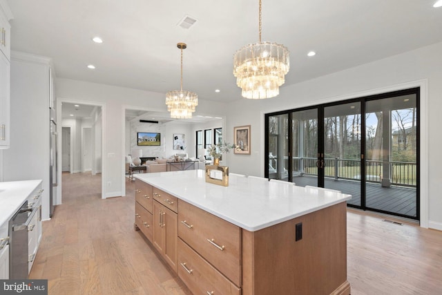 kitchen with recessed lighting, visible vents, light wood-style floors, and an inviting chandelier