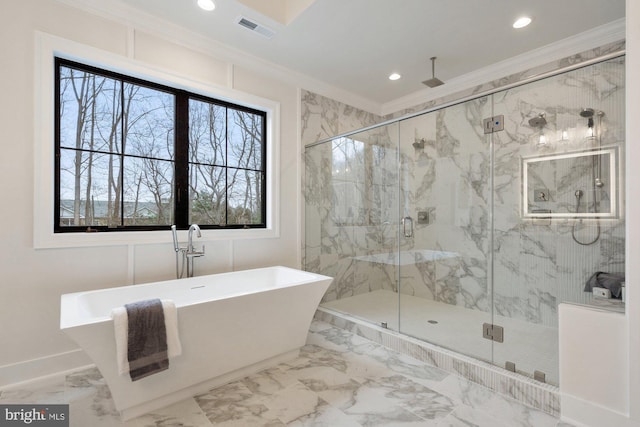 full bath featuring visible vents, marble finish floor, a marble finish shower, crown molding, and a freestanding bath