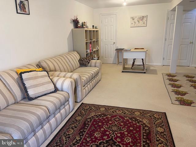 living area with baseboards and carpet floors