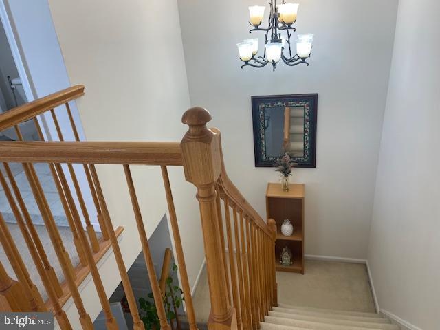 stairs with an inviting chandelier, carpet, and baseboards