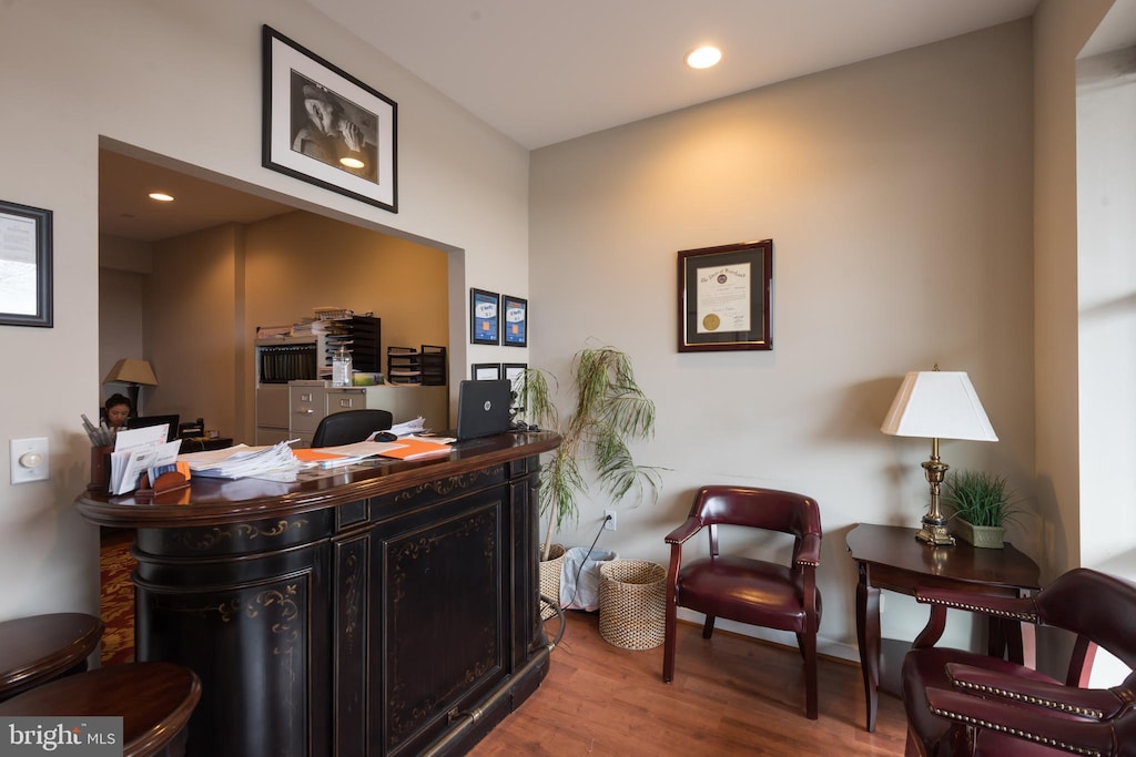 office area featuring recessed lighting and wood finished floors