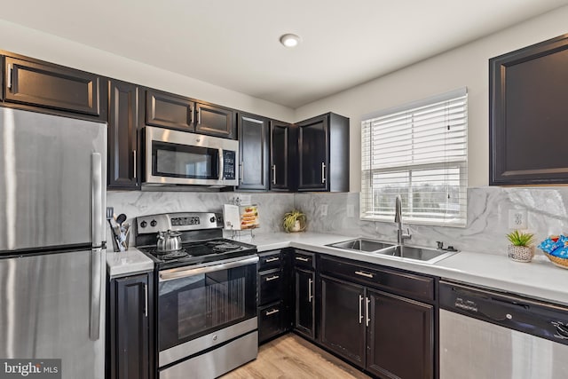 kitchen featuring light wood finished floors, a sink, light countertops, appliances with stainless steel finishes, and tasteful backsplash