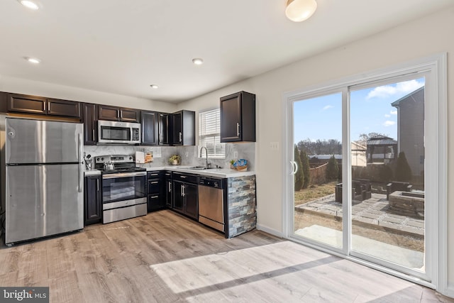 kitchen featuring light wood finished floors, a sink, decorative backsplash, light countertops, and appliances with stainless steel finishes