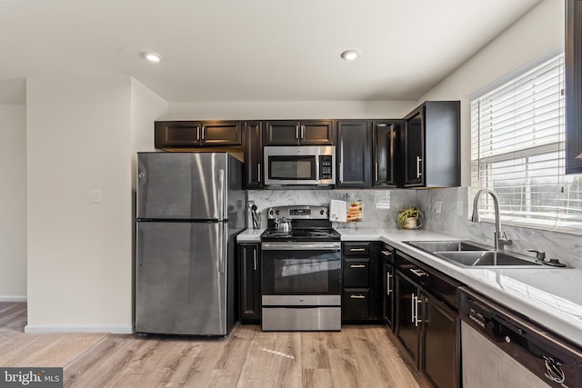 kitchen with light countertops, backsplash, appliances with stainless steel finishes, and a sink