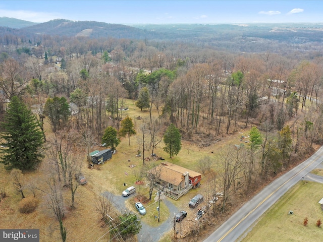 birds eye view of property featuring a mountain view, a view of trees, and a rural view