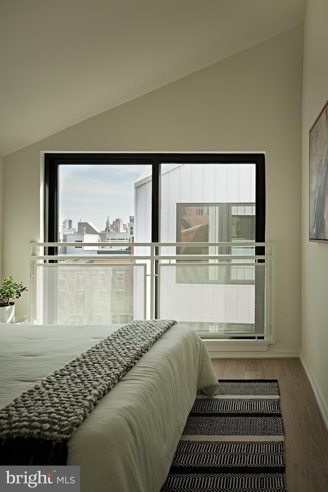 bedroom featuring wood finished floors and vaulted ceiling