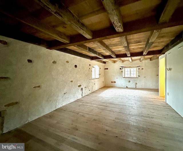 interior space with beam ceiling, wood ceiling, and wood-type flooring