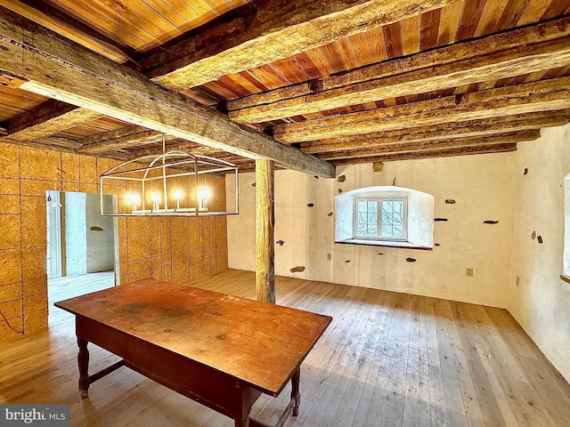 below grade area featuring wooden ceiling and wood-type flooring