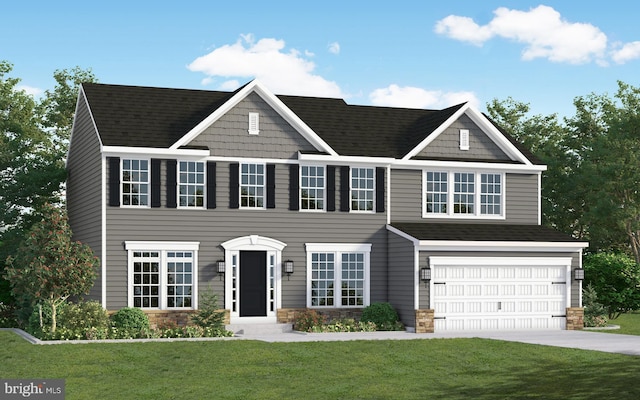 colonial house with roof with shingles, an attached garage, a front lawn, concrete driveway, and stone siding