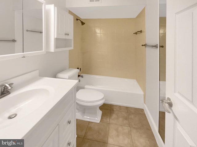 bathroom with visible vents, toilet, shower / tub combination, tile patterned flooring, and vanity