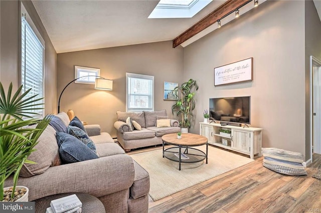 living room featuring vaulted ceiling with skylight and wood finished floors