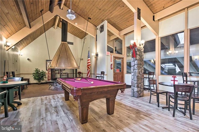 recreation room featuring beam ceiling, wood ceiling, billiards, and wood finished floors