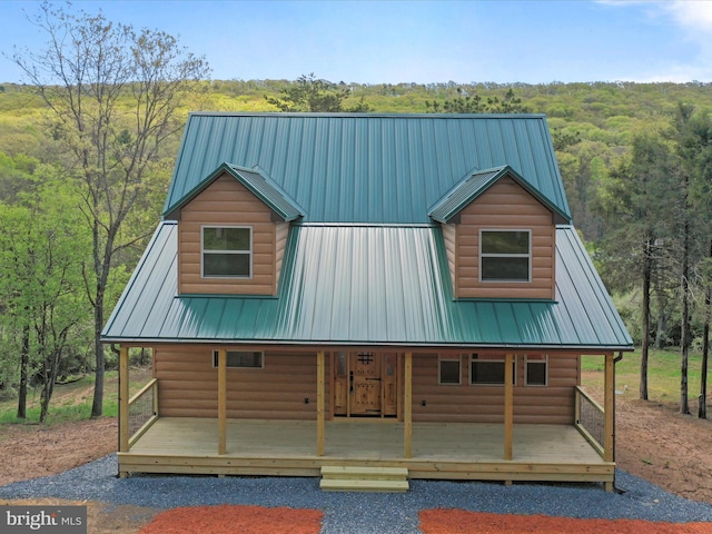 120 Honeymoon Hollow Rd, Lost City, WV 26810 - chalet / cabin featuring a forest view, log veneer siding, and metal roof