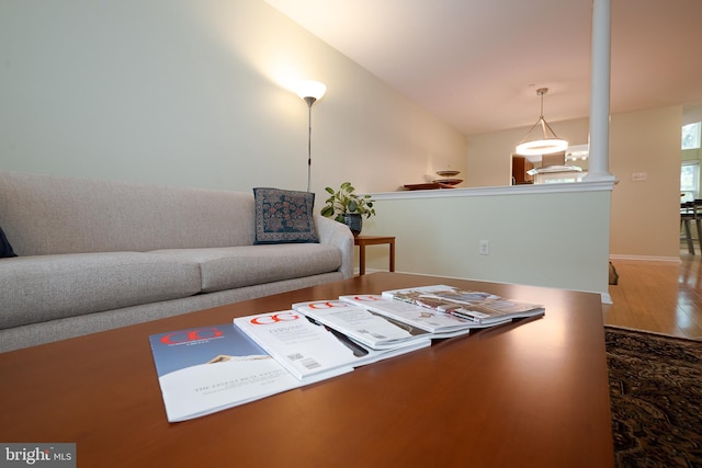 215 Valley Frg, Lookout Place, Wayne, PA 19087 - living room with wood finished floors, lofted ceiling, and baseboards