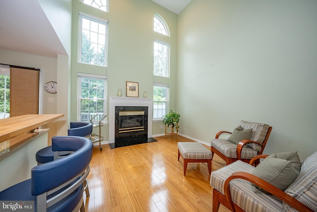 215 Valley Frg, Lookout Place, Wayne, PA 19087 - living area featuring a towering ceiling, healthy amount of natural light, light wood-type flooring, a premium fireplace, and baseboards