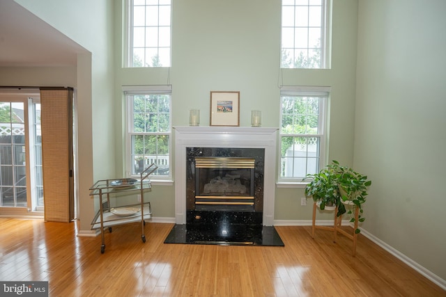 215 Valley Frg, Lookout Place, Wayne, PA 19087 - living room featuring a towering ceiling, wood finished floors, healthy amount of natural light, and a fireplace