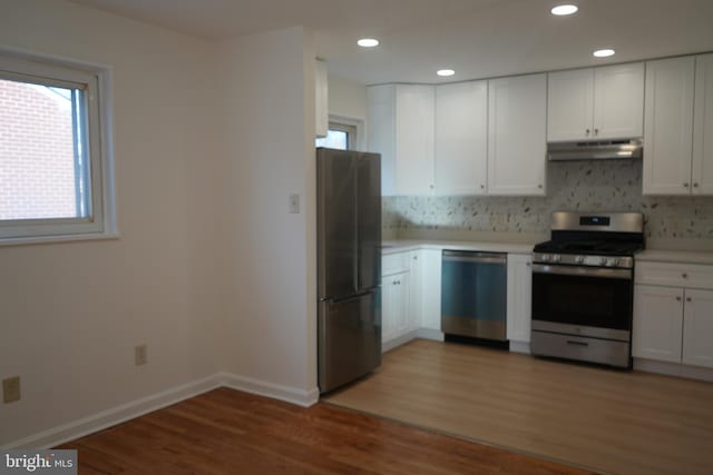 kitchen with under cabinet range hood, light wood-type flooring, appliances with stainless steel finishes, and light countertops